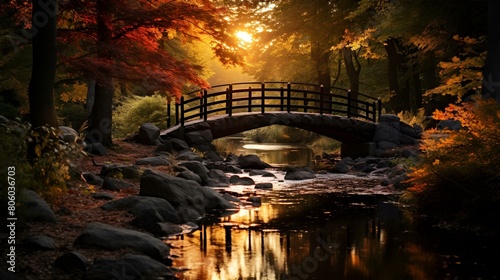 Landscape in a park with a bridge in autumn photo