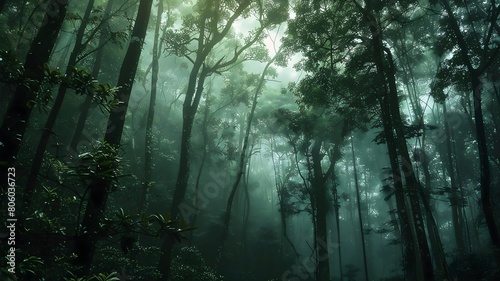  A dense  mist-shrouded forest alive with the sounds of unseen wildlife  the air thick with the scent of earth and greenery. .  