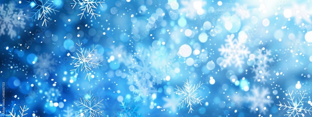 Blue background with snowflakes and stars, geometric shapes, light white sparkles, soft light effects, low poly style, high resolution, high quality, high detail, sharp focus.