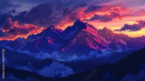  A dramatic mountain range silhouetted against the vibrant hues of a fiery sunset, with clouds swirling around the peaks. . 