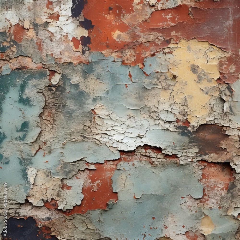 Obraz premium A detailed view of peeling paint on an old metal surface, showcasing the layers and textures created over time.