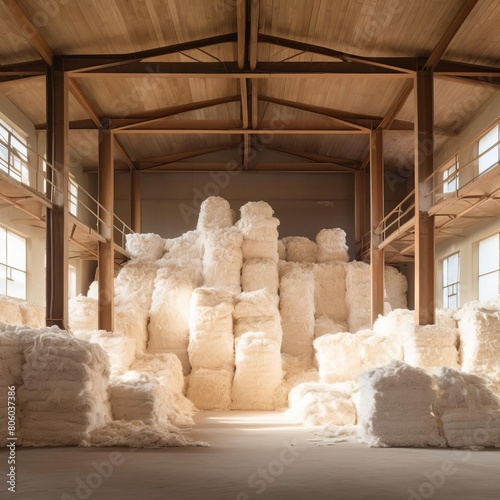 A display of raw cotton bales in a textile factory, promoting the natural textile industry and sustainable fabric production