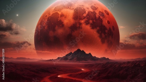 Fantasy landscape with mountains and red full moon.