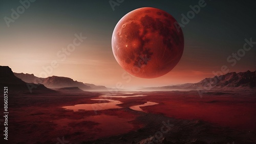 Fantasy landscape with mountains and red full moon.