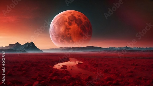 Fantasy landscape with mountains and red full moon.