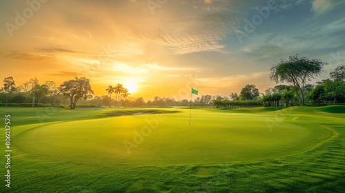 Breathtaking view of a serene golf course, fairways stretching into the distance under the golden light of dawn photo