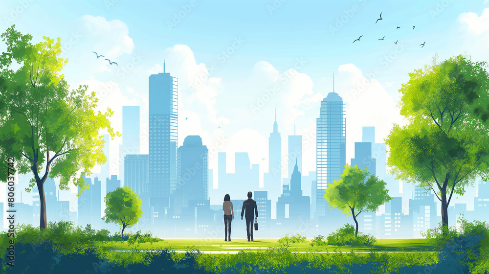 Business people, couple walking in park with modern eco friendly green city panoramic view with skyscrapers at background. Idilic place to live, city of the future concept illustration.