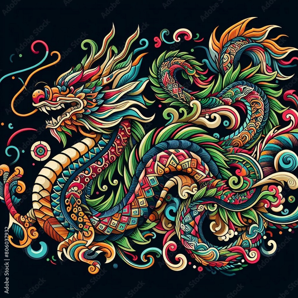 A colorful design with a dragon A colorful design with a dragon