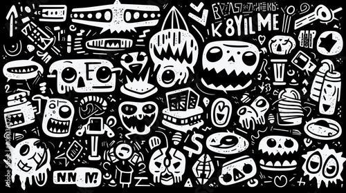 Charcoal graffiti doodle featuring a collection of punk and girly shapes, exuding edgy and playful vibes, perfect for artistic projects and urban-inspired designs.