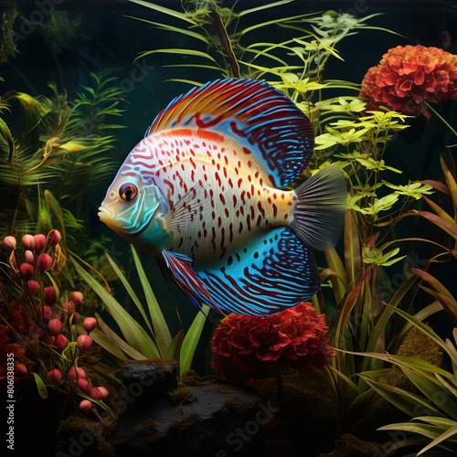 A serene image of discus fish, their striking colors contrasting with the muted tones of the Amazon River foliage they hide among.