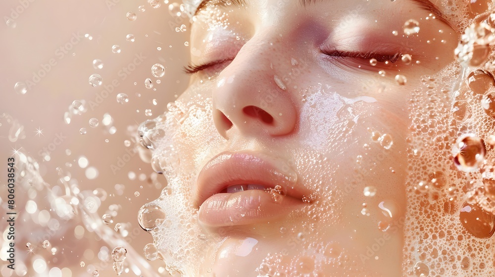 Fototapeta premium Close-up of a woman washing her face. Model washes face with facial cleanser Ideas for advertising facial cleansing products.