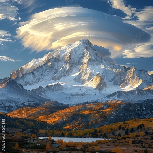 Majestic Snow Capped Mountain Range with Serene Alpine Lake and Dramatic Golden Light