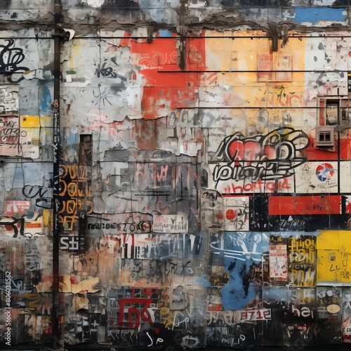 A textured wall painted with several layers of graffiti  each layer adding depth and history to the urban canvas.