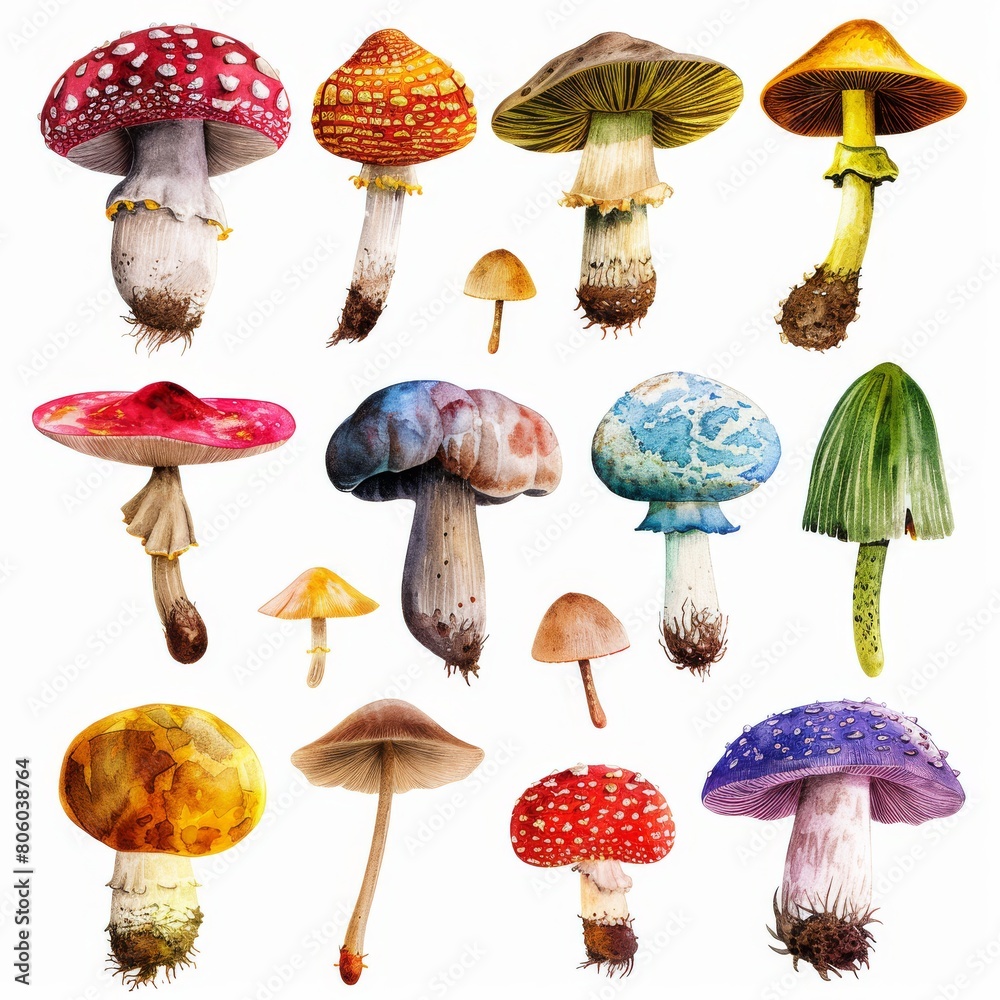 A collection of various mushrooms, each with unique colors and textures, isolated against a white backdrop