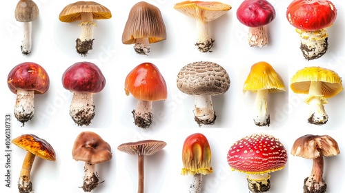 A collection of various mushrooms, each with unique colors and textures, isolated against a white backdrop