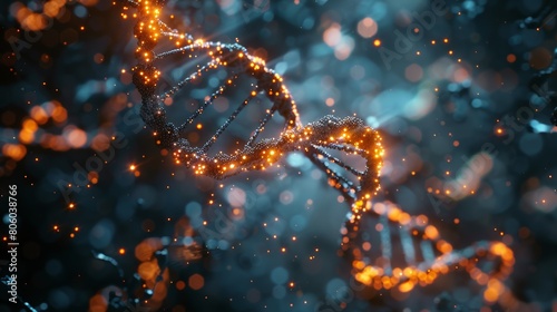 A glowing DNA strand is shown in a blue and orange background. Concept of wonder and fascination with the complexity of life and the importance of genetics
