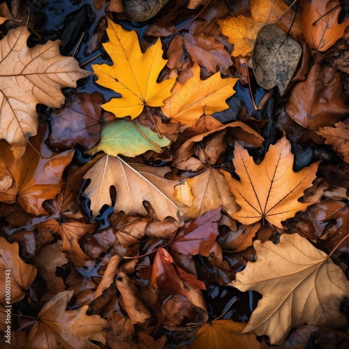 An image of a pile of autumn leaves  focusing on the variety of textures from the crisp  veined surfaces to the brittle edges.