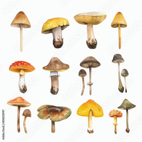 A collection of various mushrooms, each with unique colors and textures, isolated against a white backdrop