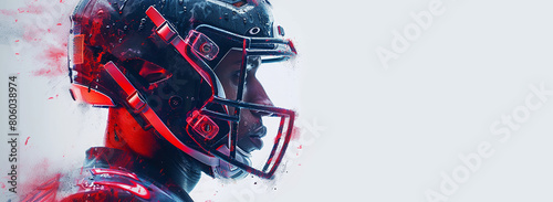 An American football player stands sideways in a helmet with a red light behind his back. The effect of scattering into particles photo