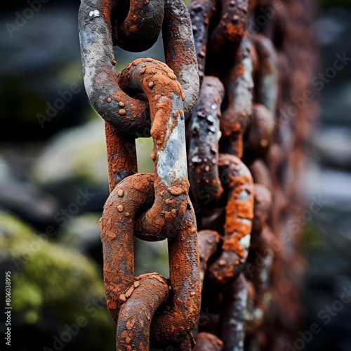 An image of rusted chain links, highlighting the pitted and corroded metal that tells a story of exposure and decay. photo