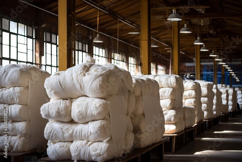 Bales of cotton in a textile mill ready to be spun into yarn and woven into fabrics