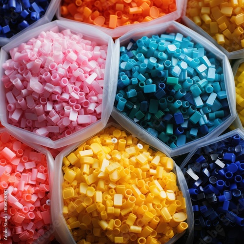 Brightly colored plastics in raw pellet form, displayed for use in manufacturing and highlighting material versatility