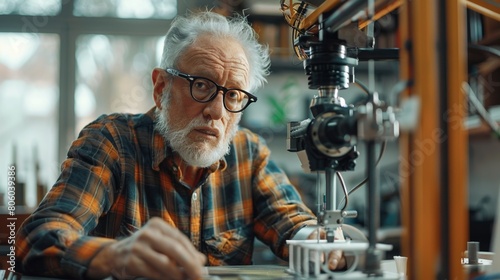 An older man with glasses is working on a machine. He is focused and determined, likely trying to fix or improve the machine. Concept of concentration and dedication to the task at hand