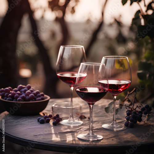 Three glasses of red wine served on the table outdoors on blurred vineyard background