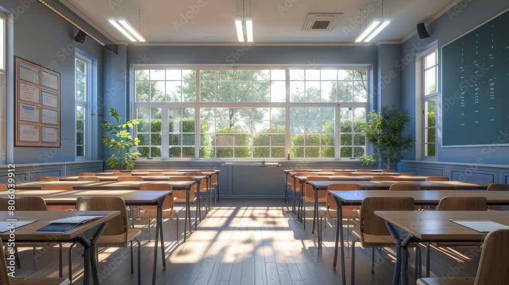 Classroom, school. Places for students, desks, blackboard. Wooden desks. Large windows, good lighting.