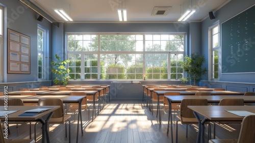 Classroom, school. Places for students, desks, blackboard. Wooden desks. Large windows, good lighting.