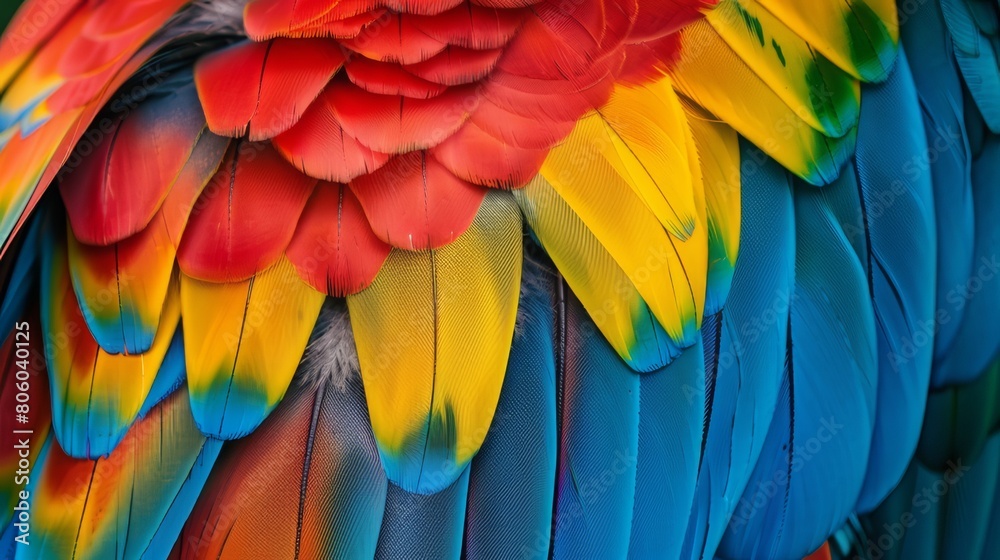 Fototapeta premium Background from colorful parrot feathers. Feathers of tropical birds.
