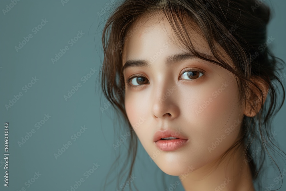 High quality photo of skin care and cosmetics concept with copy space for text. Beautiful happy Asian girl model with natural hair High quality photo of skin care and cosmetics concept with copy space for text. Beautiful happy Asian girl model with natural hair