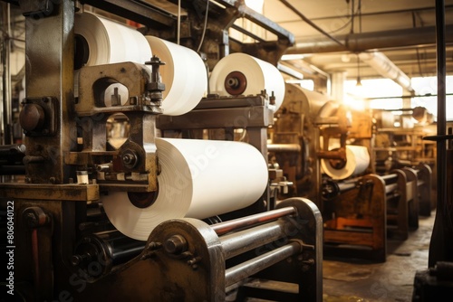 Reels of paper in a printing press for producing books, magazines, and newspapers