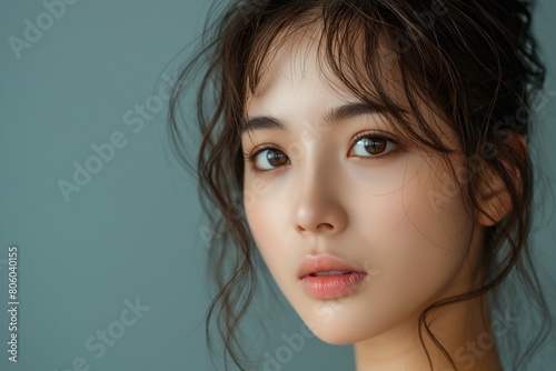 High quality photo of skin care and cosmetics concept with copy space for text. Beautiful happy Asian girl model with natural hair