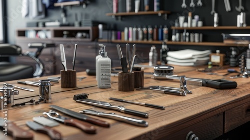 Men's hairdressing salon with appropriate accessories and furniture. Men's salon. Barber. Hair care.