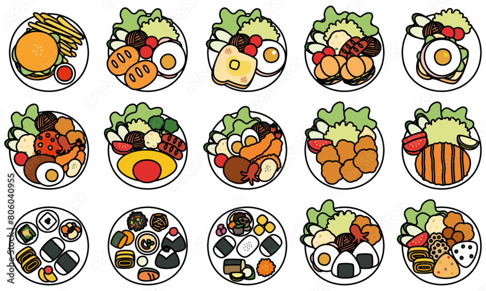 ワンプレートの食べ物イラストセット(縁ありカラー) ワンプレートの食べ物イラストセット(縁ありカラー)