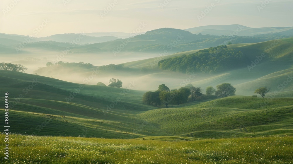 Rolling hills in morning haze