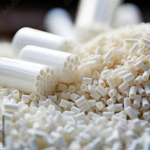 A close-up of biodegradable materials, such as cornstarch pellets, promoting eco-friendly alternatives in packaging industries