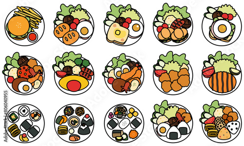 ワンプレートの食べ物イラストセット（縁ありカラー）