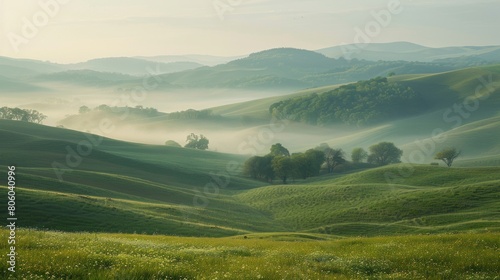 Rolling hills in morning haze