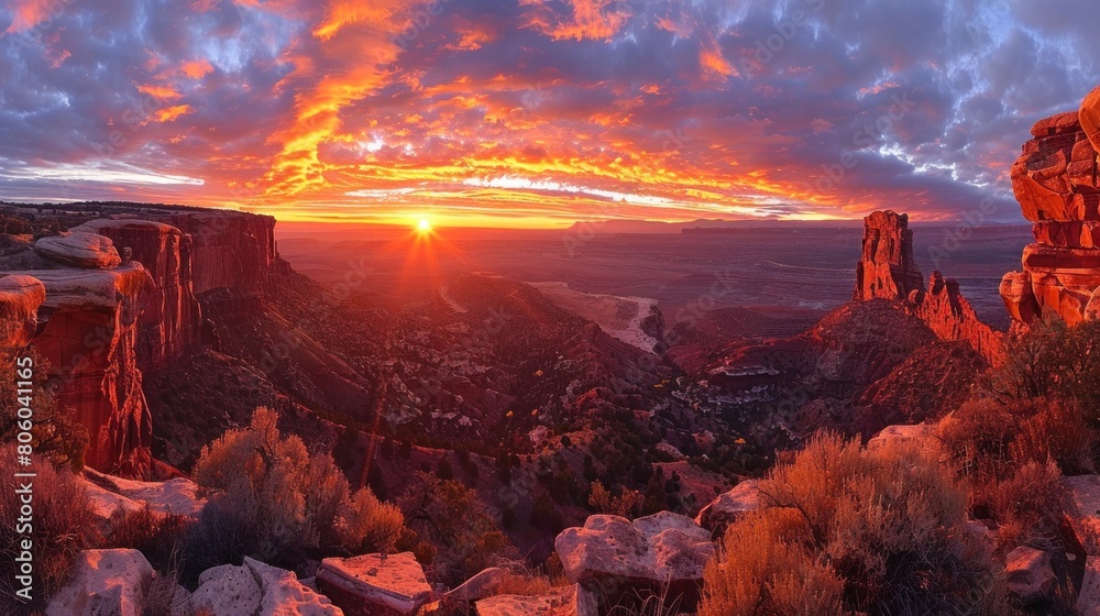 Sunrise behind rugged canyon