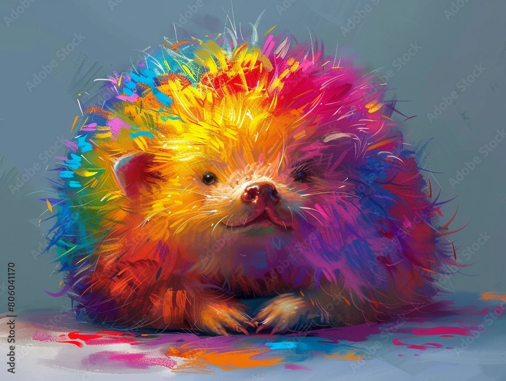 Lighthearted digital painting of a very fat hedgehog, shown curling contentedly, adorned with vivid, eye-catching colors that capture its endearing and humorous personality