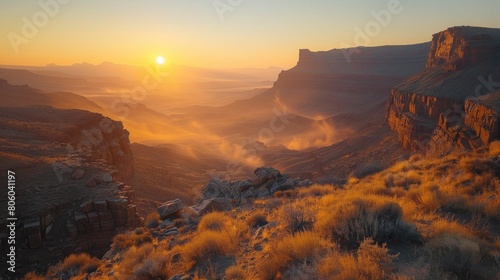 Sunrise behind rugged canyon © 2D_Jungle