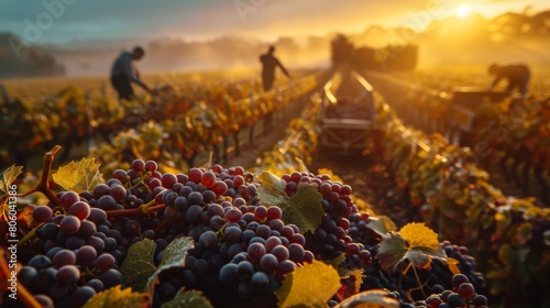 Vivid scene of grape harvesting in a vineyard at sunrise, workers carefully picking ripe grapes for wine production