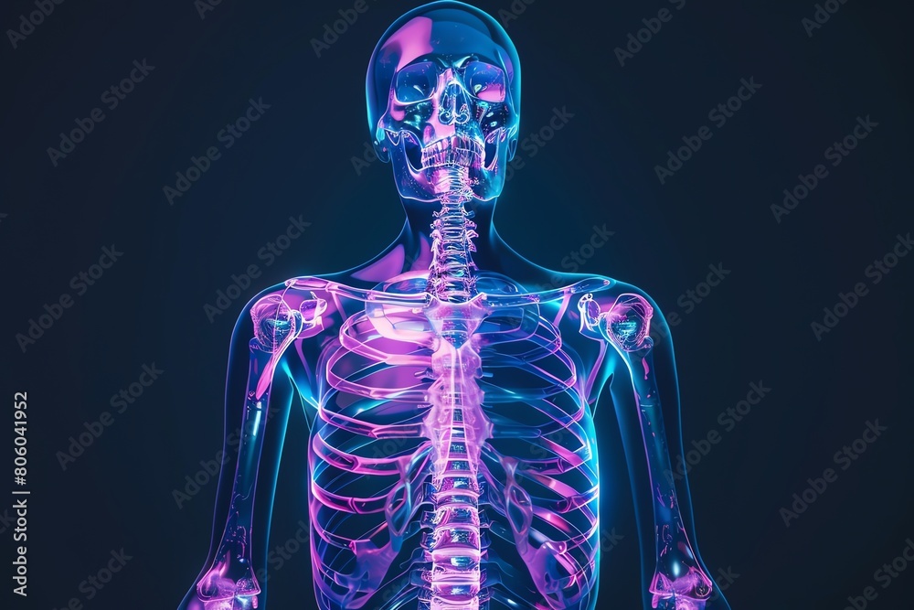 An X-ray of a human skeleton, showing the bones in blue and the joints in pink. An X-ray of a human skeleton, showing the bones in blue and the joints in pink.