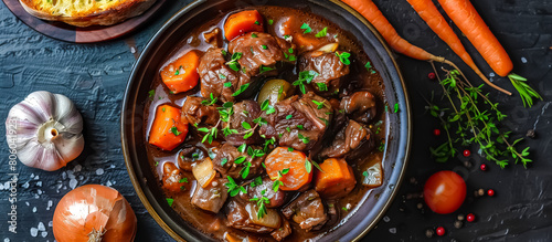 Boeuf Bourguignon is a beloved French beef stew cooked in red wine with carrots, onions, mushrooms, garlic, and herbs photo