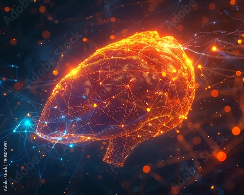 An illustration of a glowing orange brain made of interconnected neurons and synapses on a dark blue background.