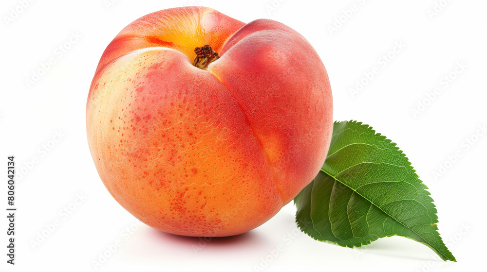 juicy ripe peach with a leaf on a white background juicy ripe peach with a leaf on a white background