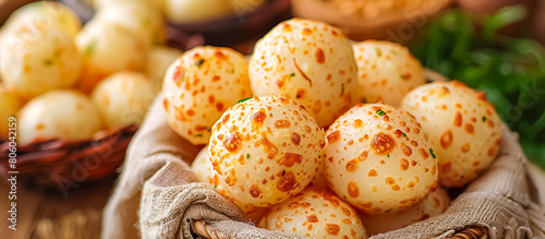 Pao de Queijo, or Brazilian cheese bread, is made with tapioca flour, eggs, milk, oil, and grated cheese typically Parmesan cheese. The dough is rolled into balls and baked until golden and crispy