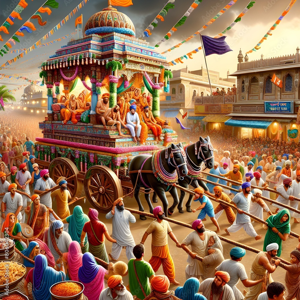 illustration of Hindu Festival Holi with chariot and people in India